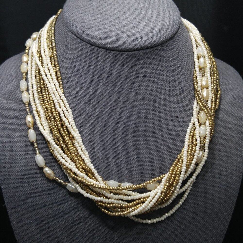 Vintage Gold & White Seed Bead Necklace, 15 Strands, Flower Clasp, 18 Inches